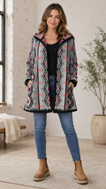 Gray Aztec Print Hooded Open Front Cardigan Coat