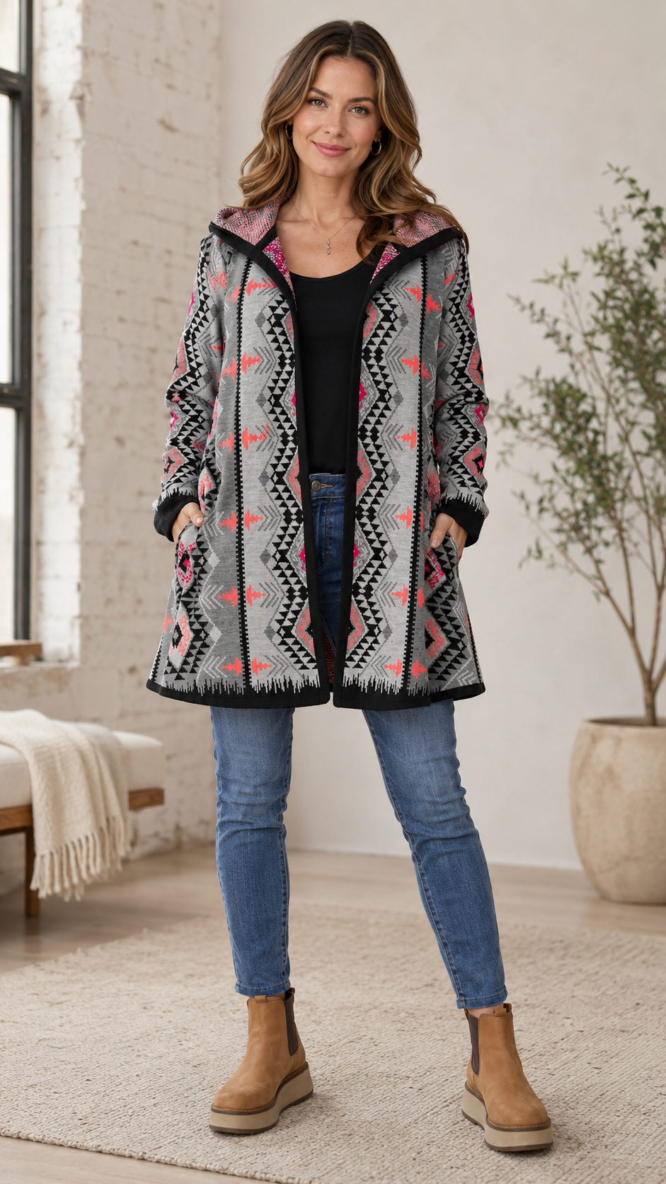 Gray Aztec Print Hooded Open Front Cardigan Coat