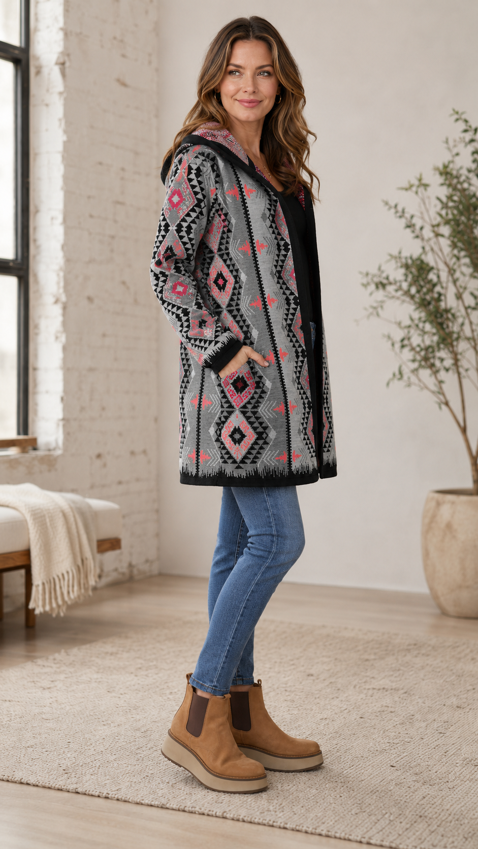 Gray Aztec Print Hooded Open Front Cardigan Coat