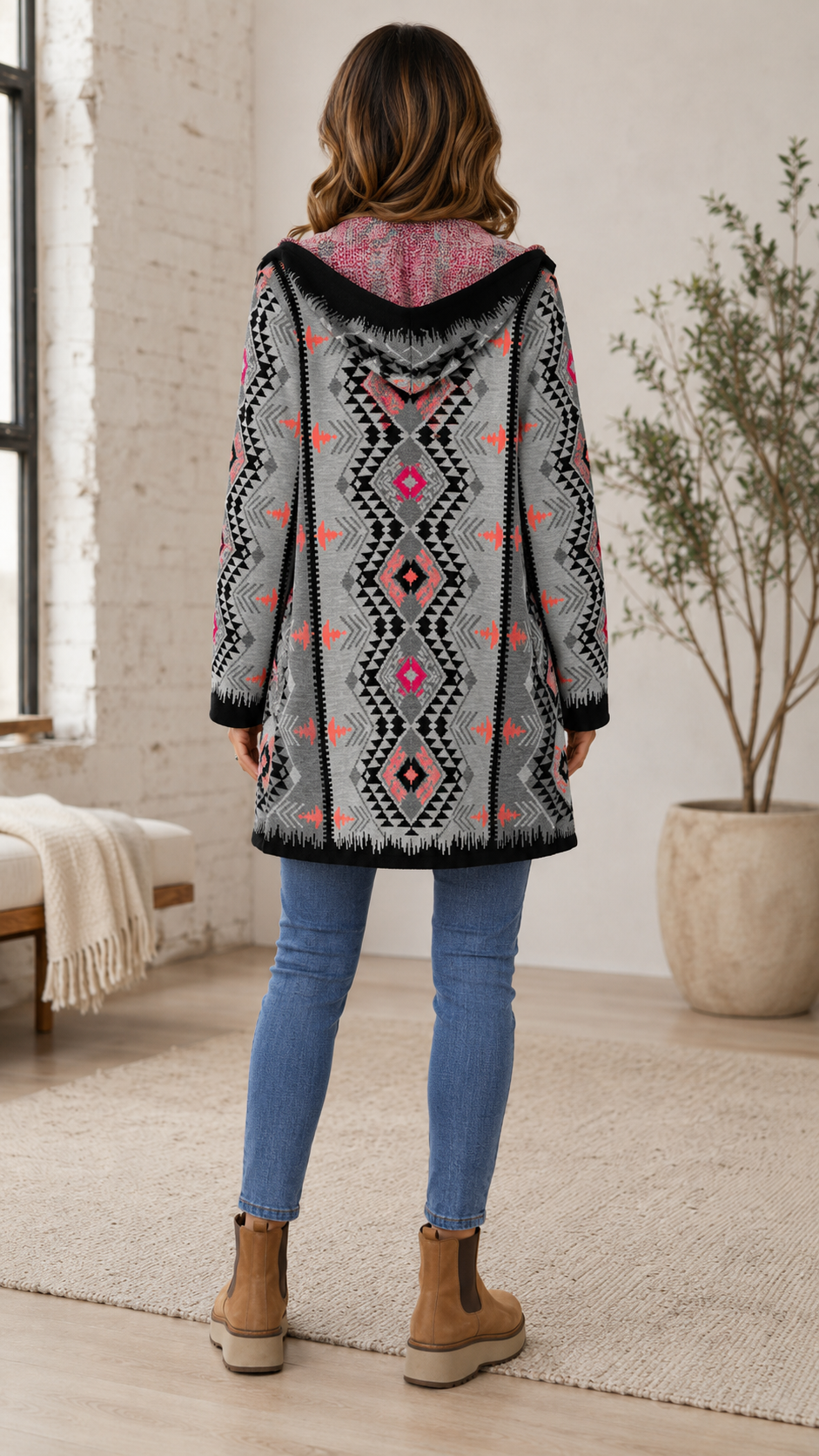 Gray Aztec Print Hooded Open Front Cardigan Coat