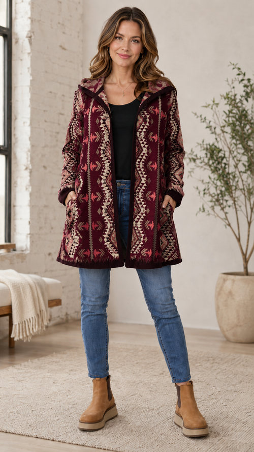 Gray Aztec Print Hooded Open Front Cardigan Coat