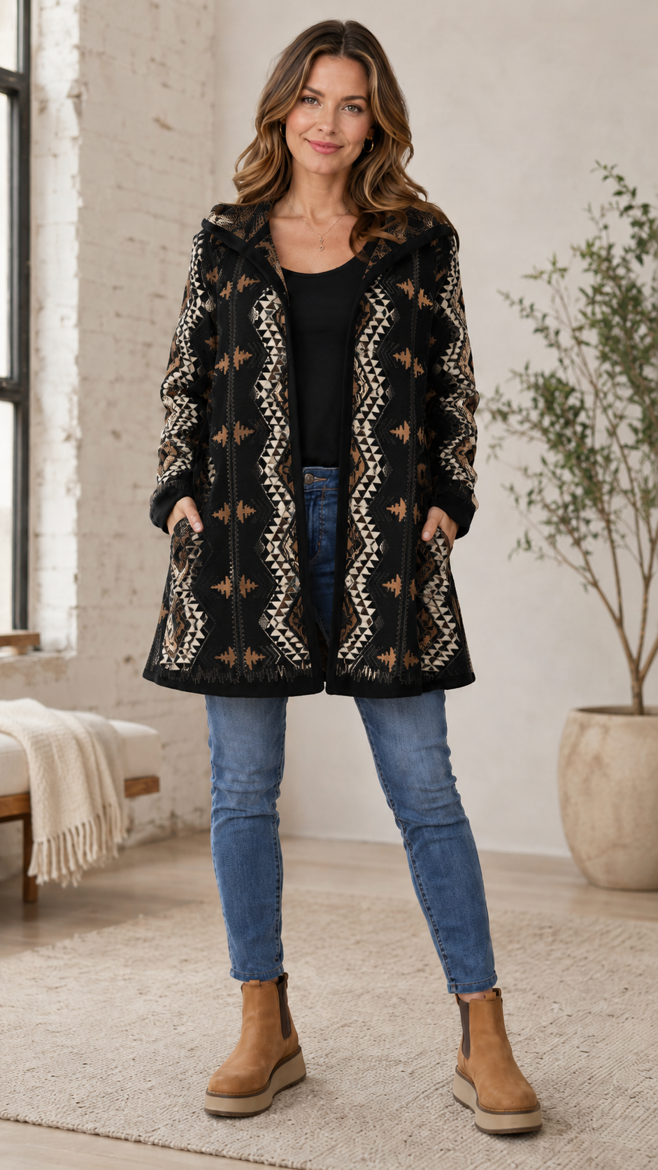 Gray Aztec Print Hooded Open Front Cardigan Coat