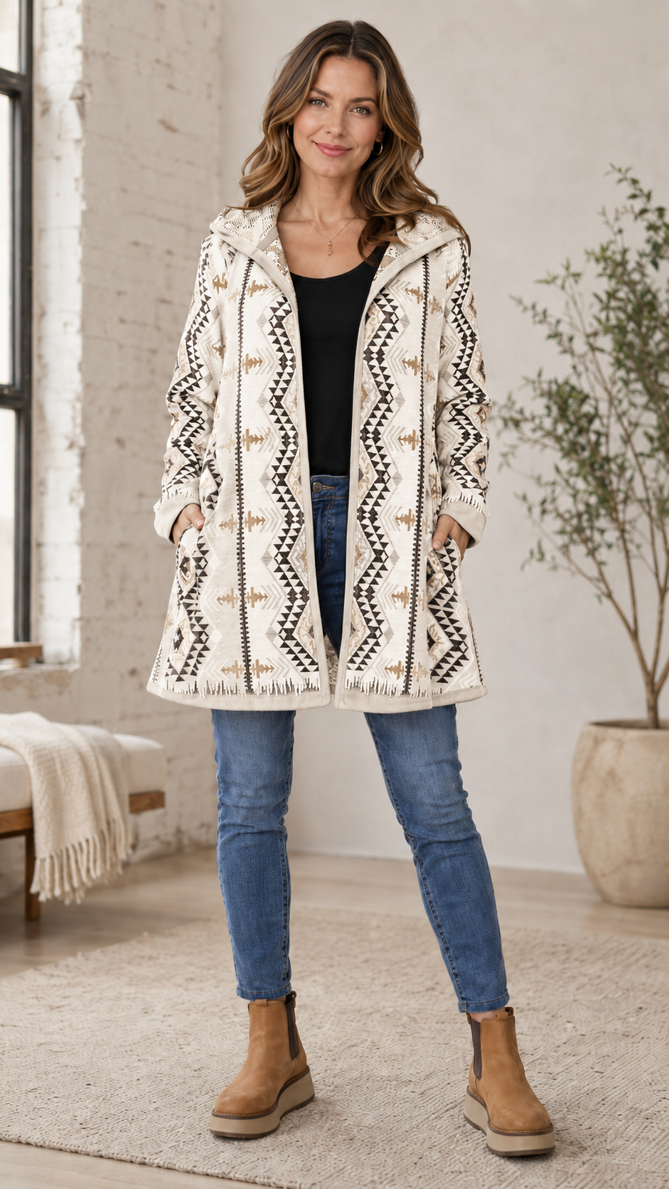 Gray Aztec Print Hooded Open Front Cardigan Coat