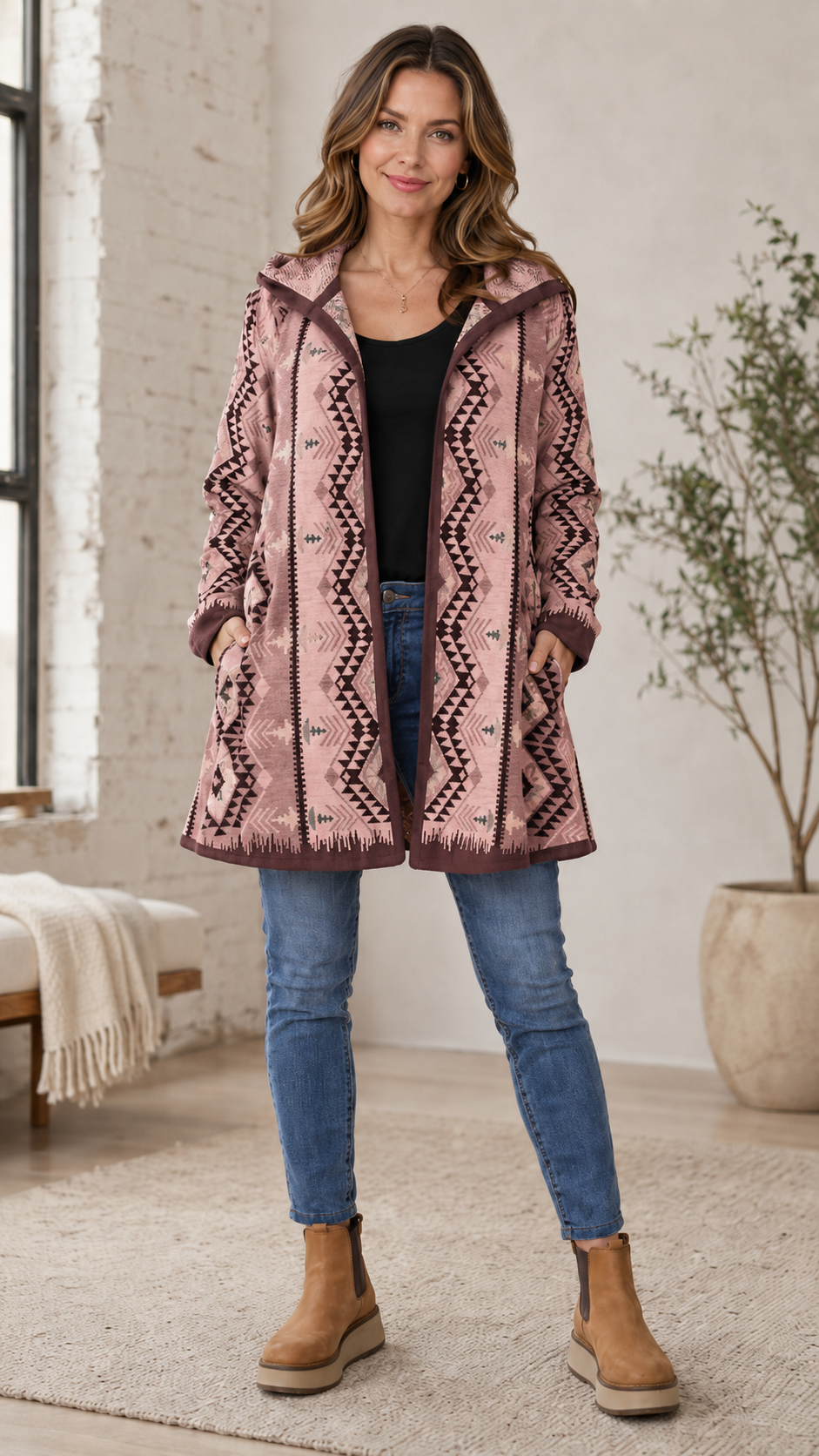 Gray Aztec Print Hooded Open Front Cardigan Coat