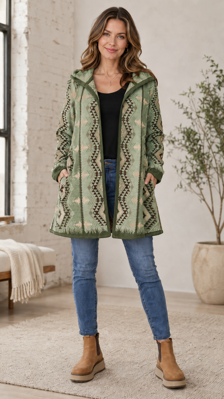 Gray Aztec Print Hooded Open Front Cardigan Coat