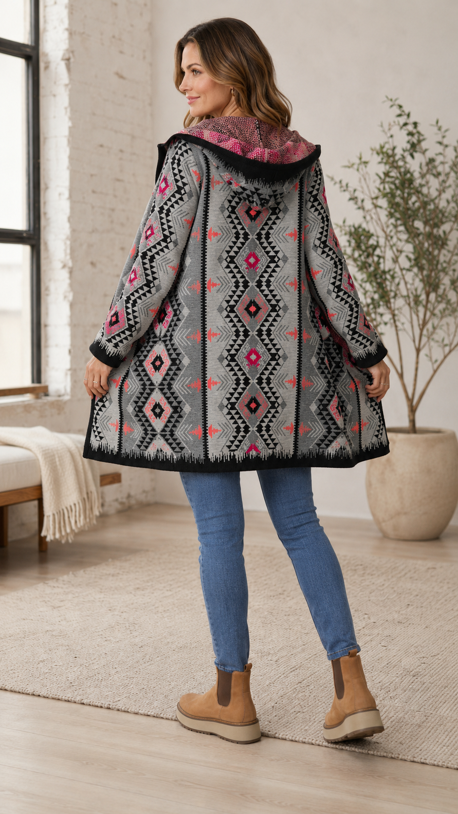 Gray Aztec Print Hooded Open Front Cardigan Coat