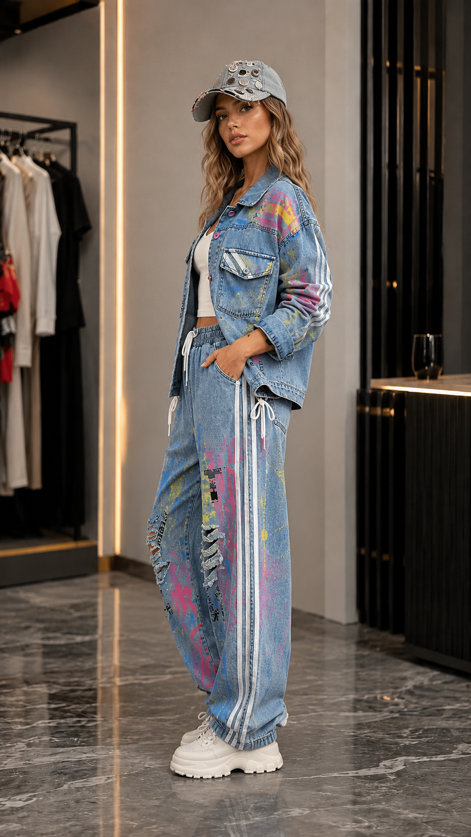 Graffiti Print Denim Jacket & Jogger Pants Set