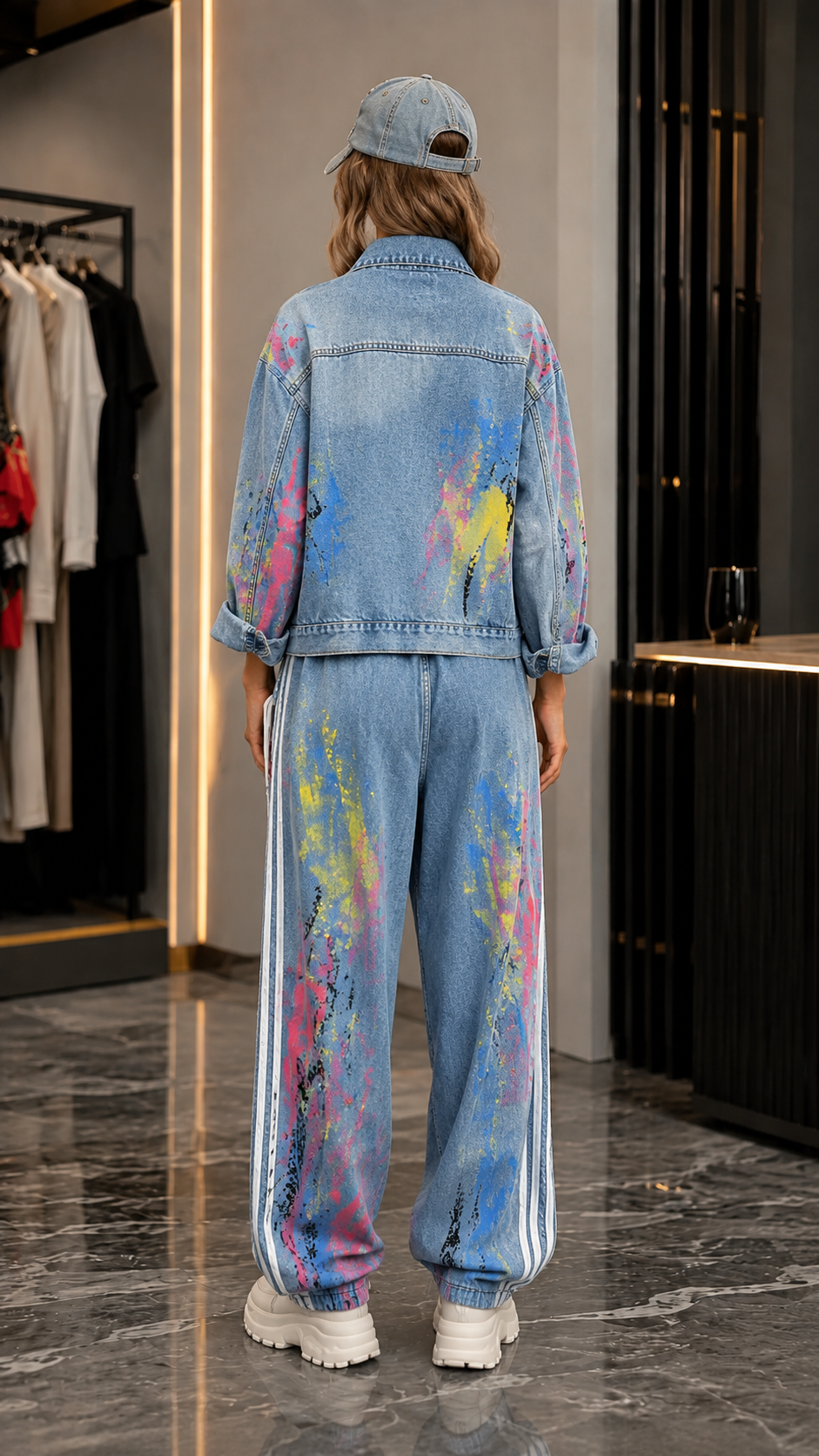 Graffiti Print Denim Jacket & Jogger Pants Set