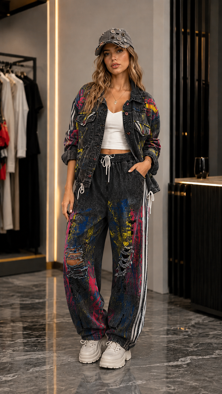 Graffiti Print Denim Jacket & Jogger Pants Set