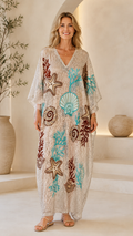 Seaside Appliqué Crochet V-Neck Kaftan Maxi Dress