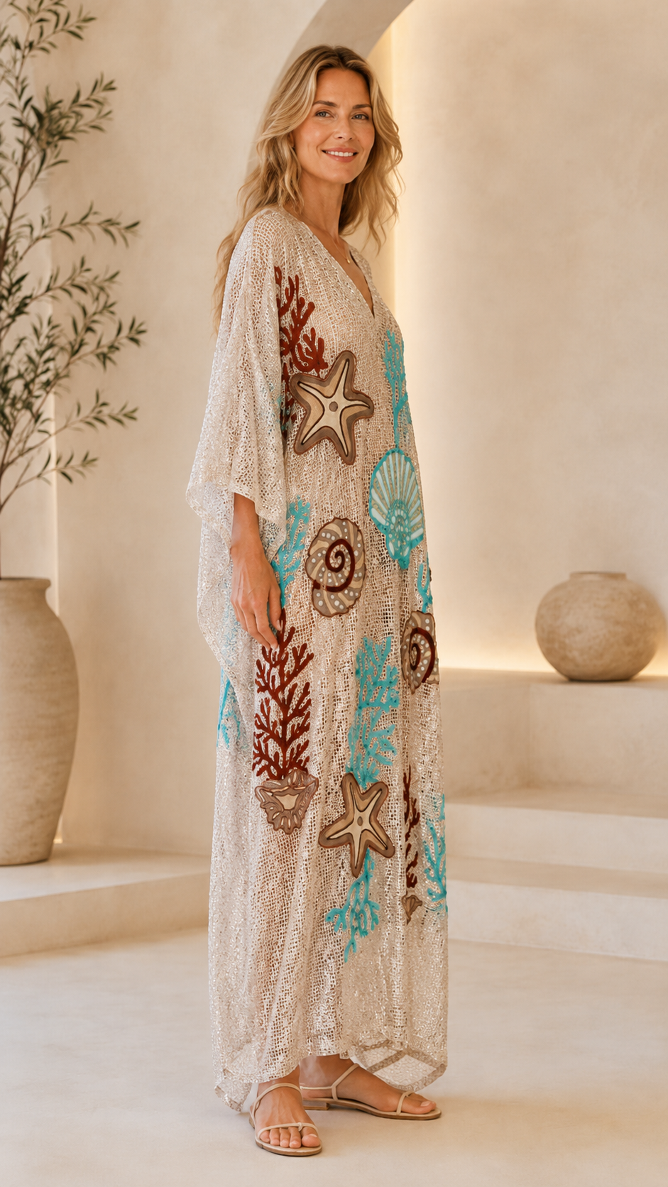 Seaside Appliqué Crochet V-Neck Kaftan Maxi Dress