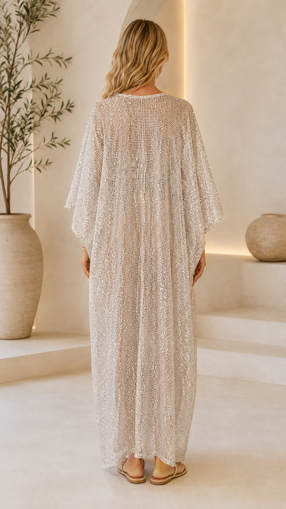 Seaside Appliqué Crochet V-Neck Kaftan Maxi Dress