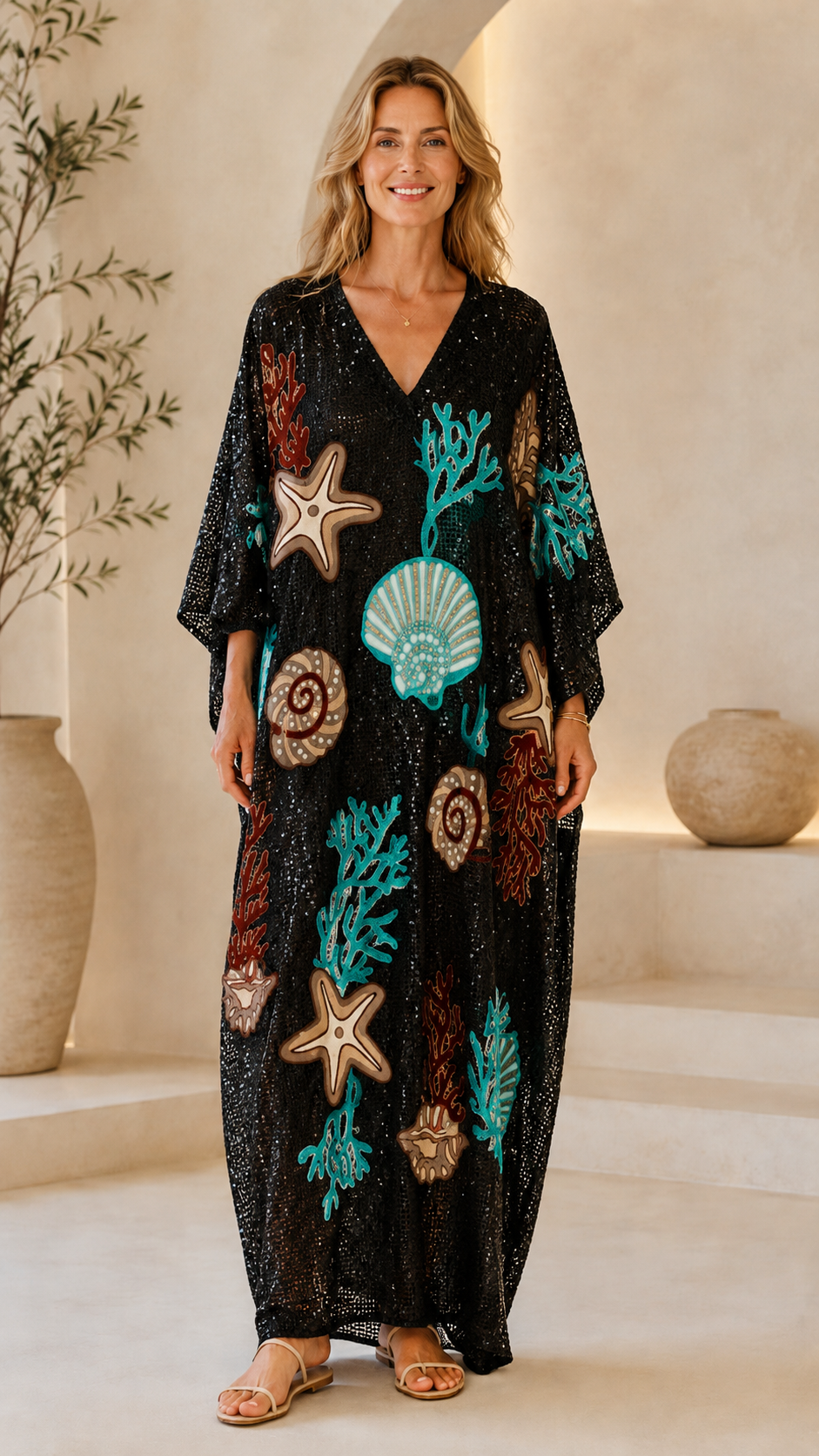 Seaside Appliqué Crochet V-Neck Kaftan Maxi Dress