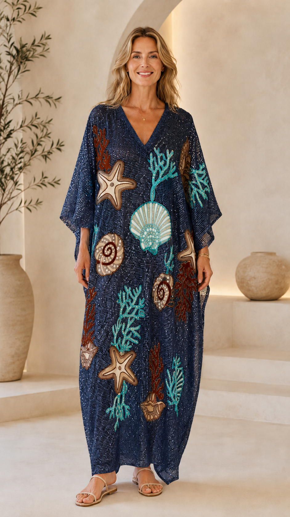 Seaside Appliqué Crochet V-Neck Kaftan Maxi Dress