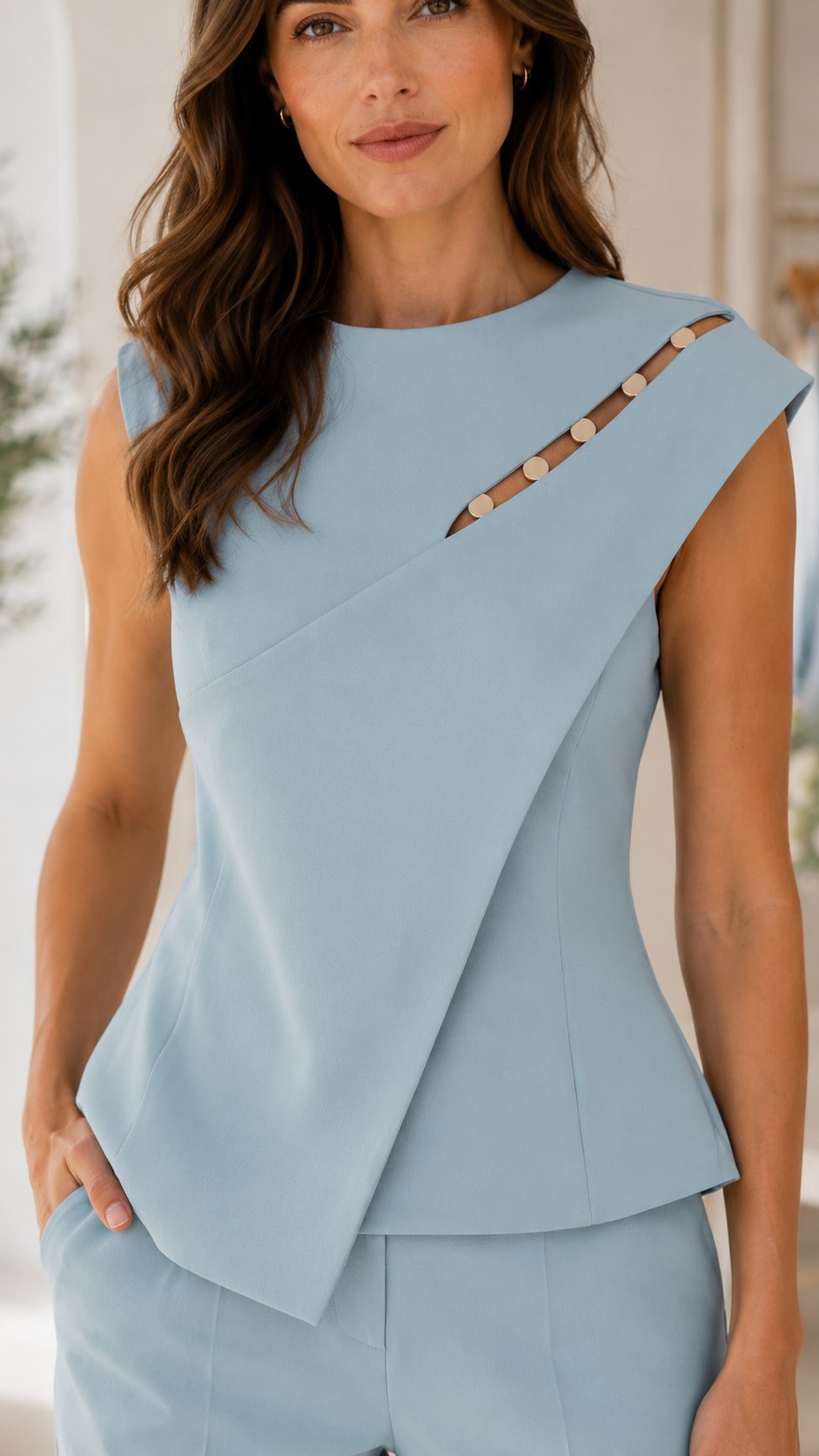 Asymmetric Button Pant Two-piece Set