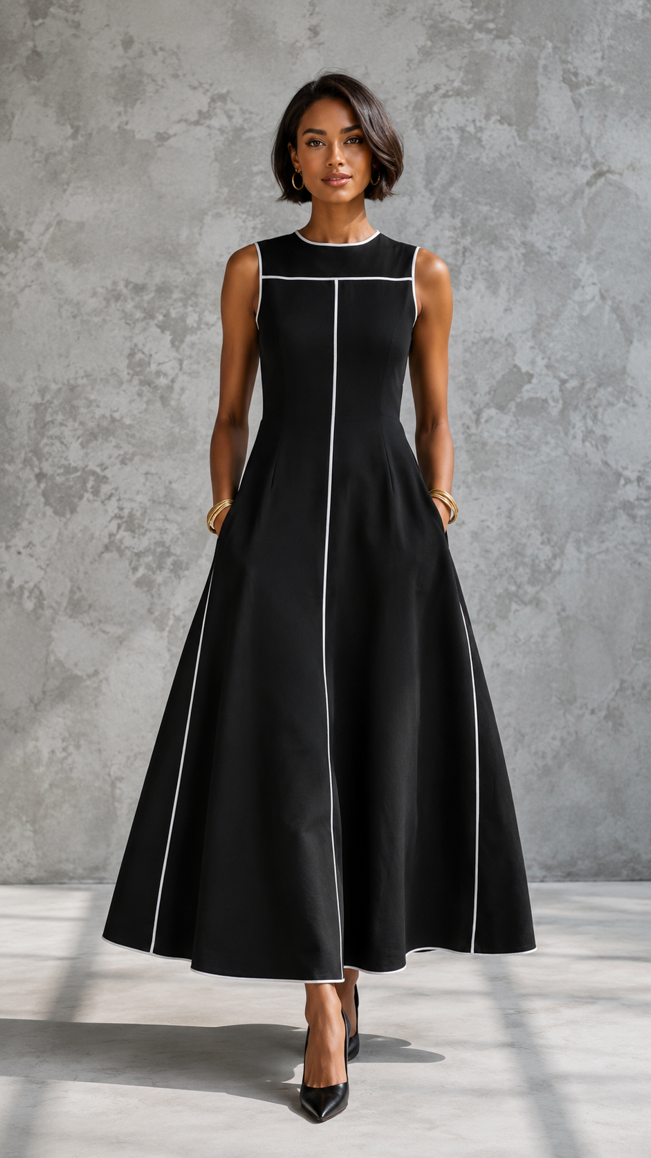 Contrast Trim Midi Dress