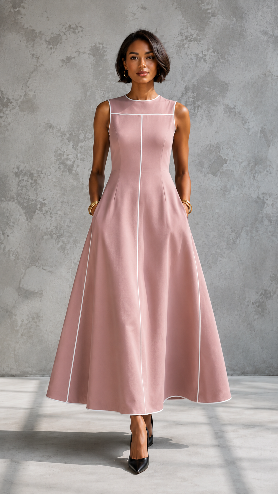Contrast Trim Midi Dress
