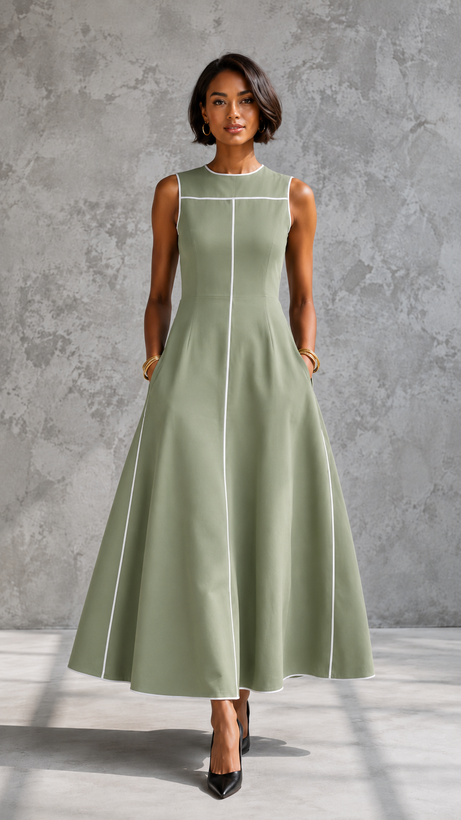Contrast Trim Midi Dress