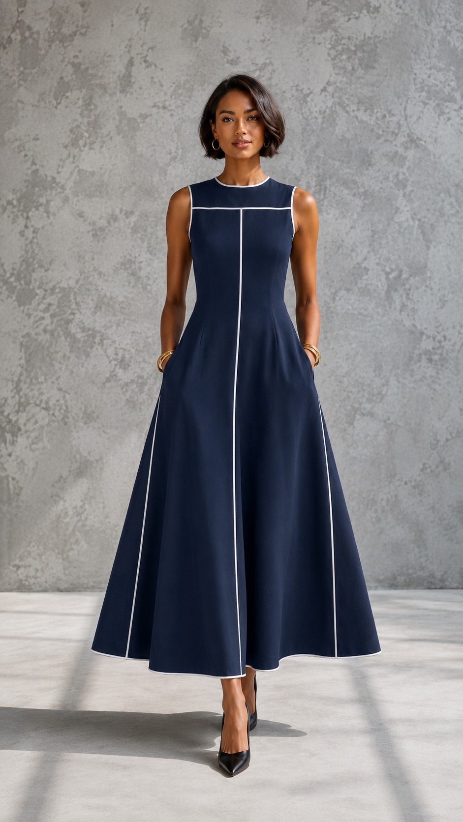 Contrast Trim Midi Dress