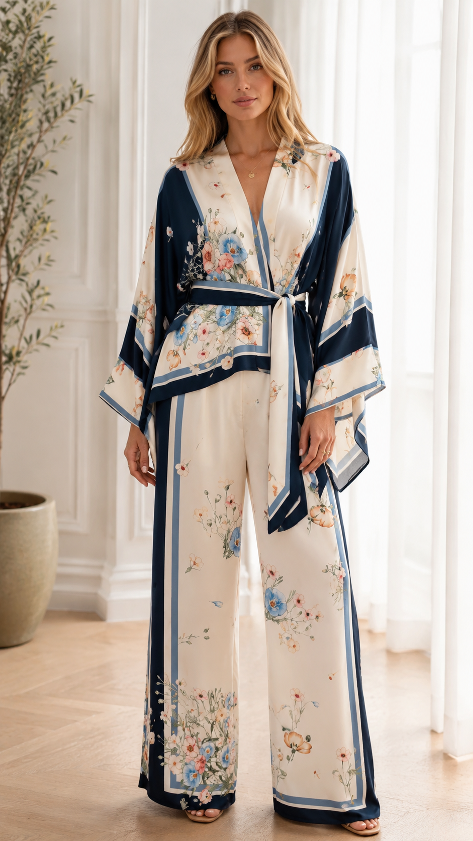 Floral Satin Kimono 2-Piece Set