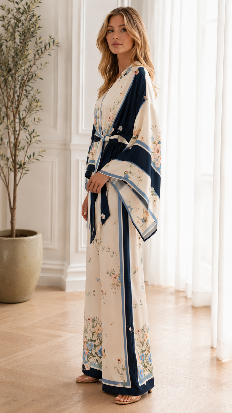 Floral Satin Kimono 2-Piece Set