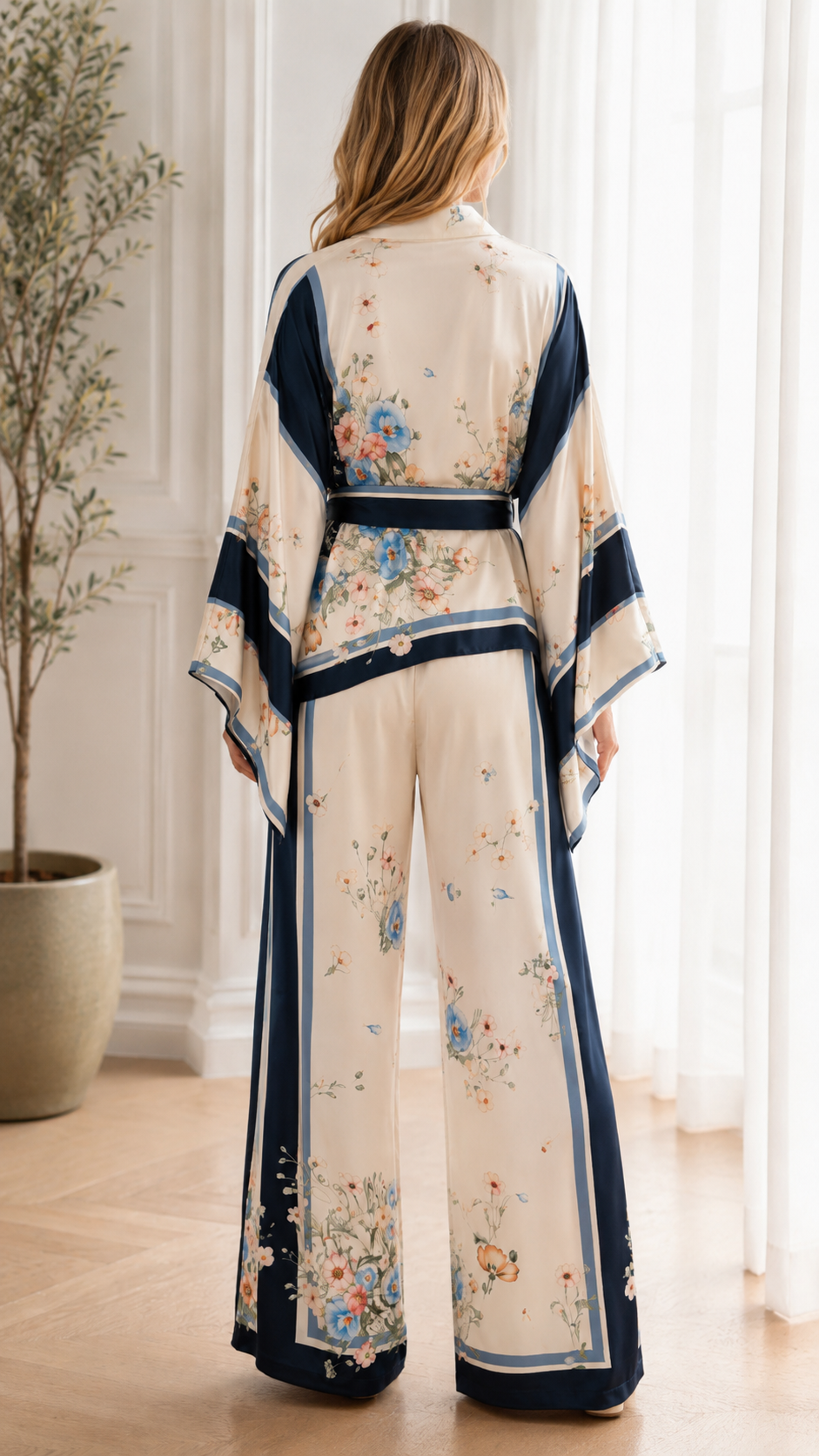 Floral Satin Kimono 2-Piece Set