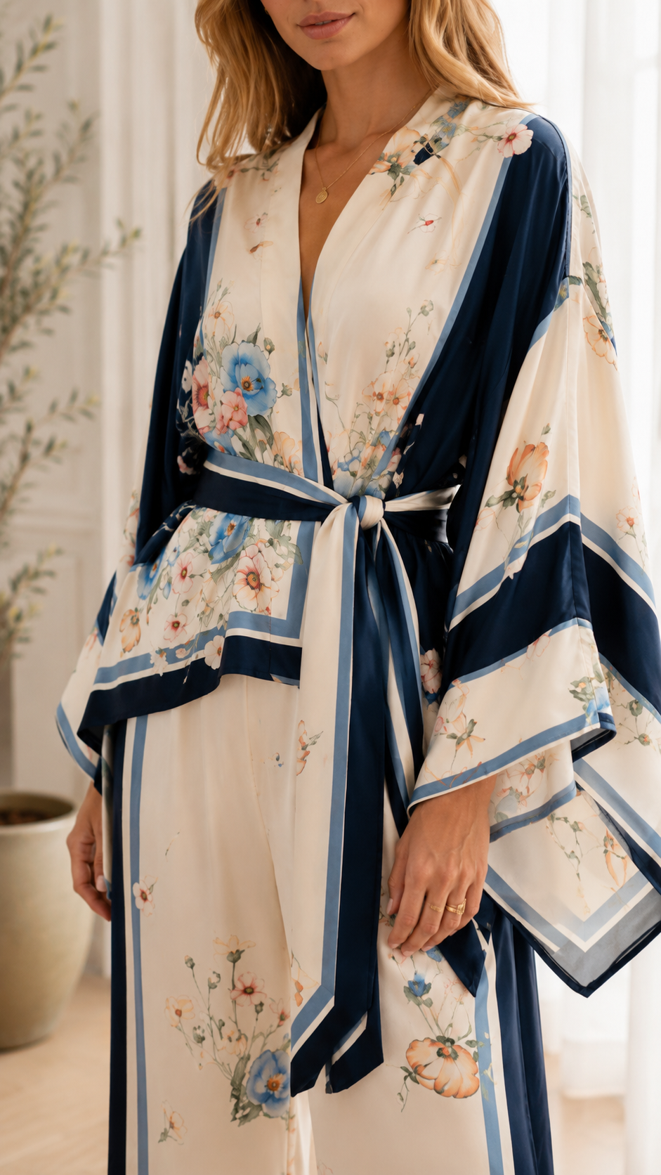 Floral Satin Kimono 2-Piece Set