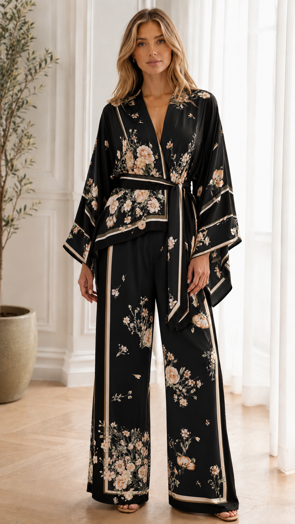 Floral Satin Kimono 2-Piece Set