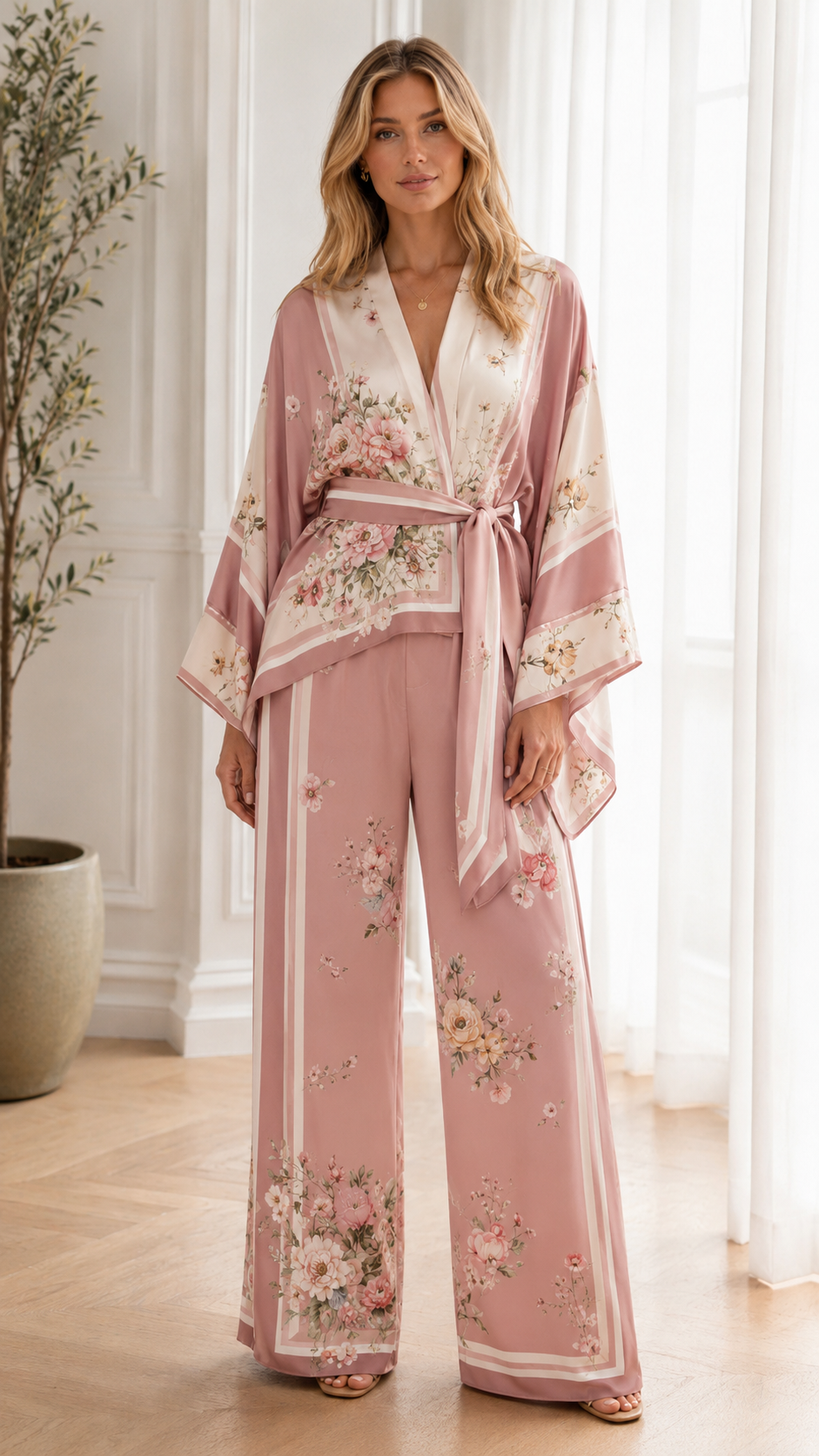 Floral Satin Kimono 2-Piece Set
