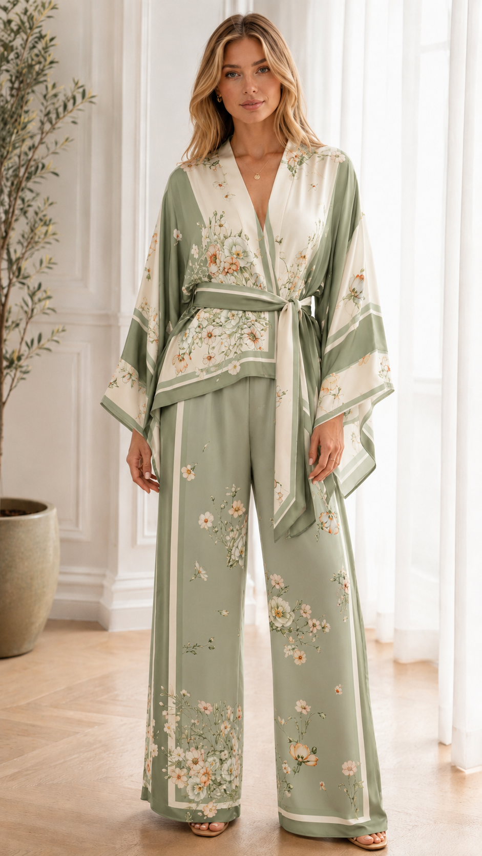 Floral Satin Kimono 2-Piece Set