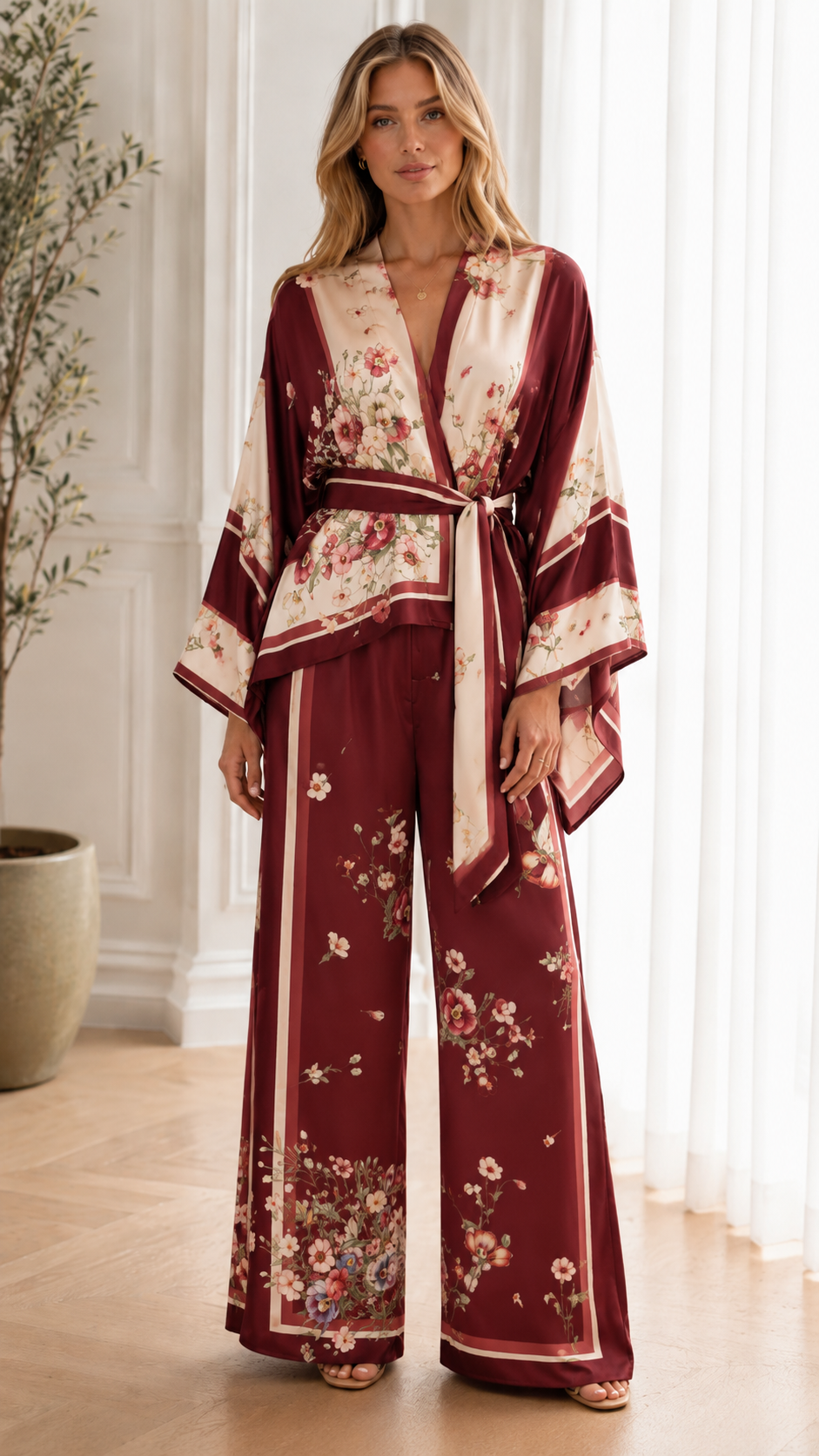 Floral Satin Kimono 2-Piece Set