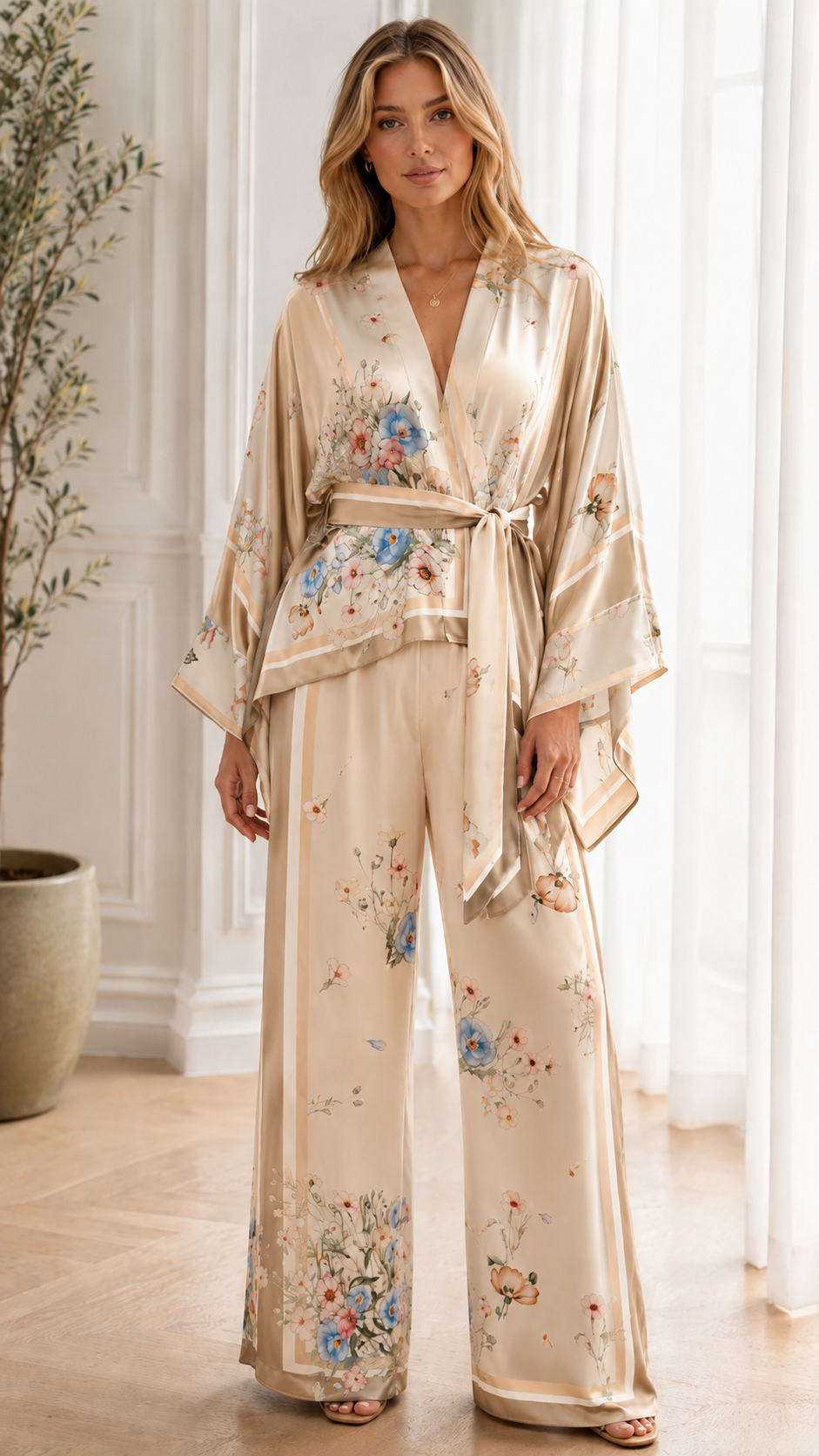 Floral Satin Kimono 2-Piece Set