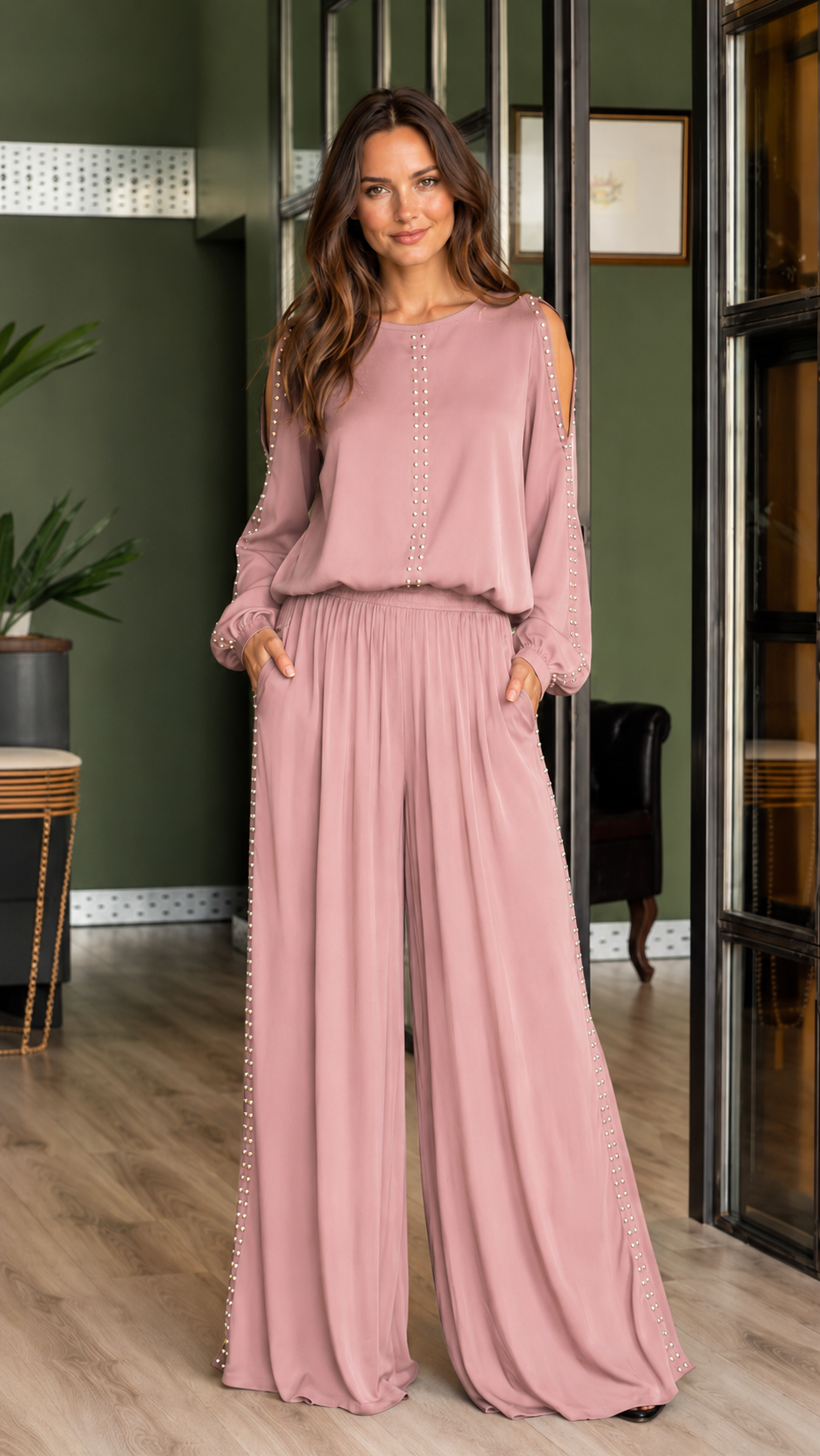 Studded Cold-Shoulder 2-Piece Set