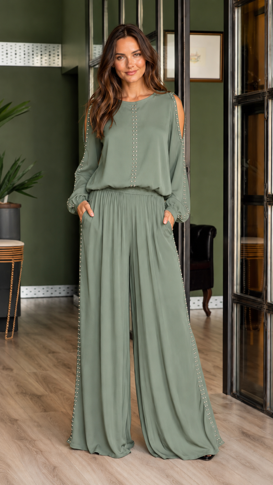 Studded Cold-Shoulder 2-Piece Set