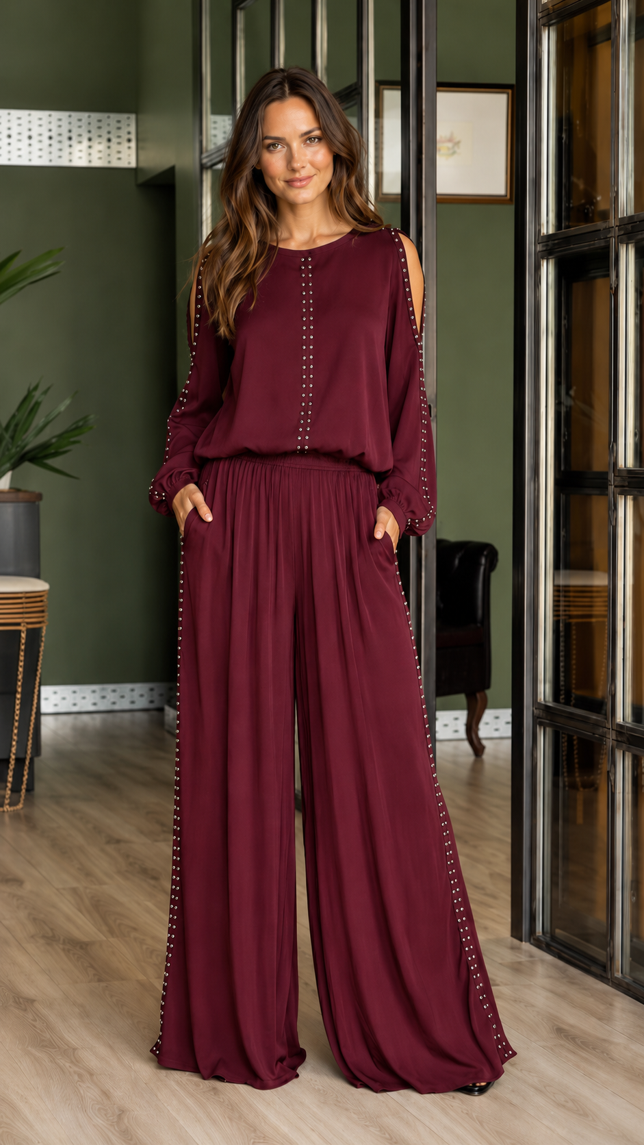 Studded Cold-Shoulder 2-Piece Set
