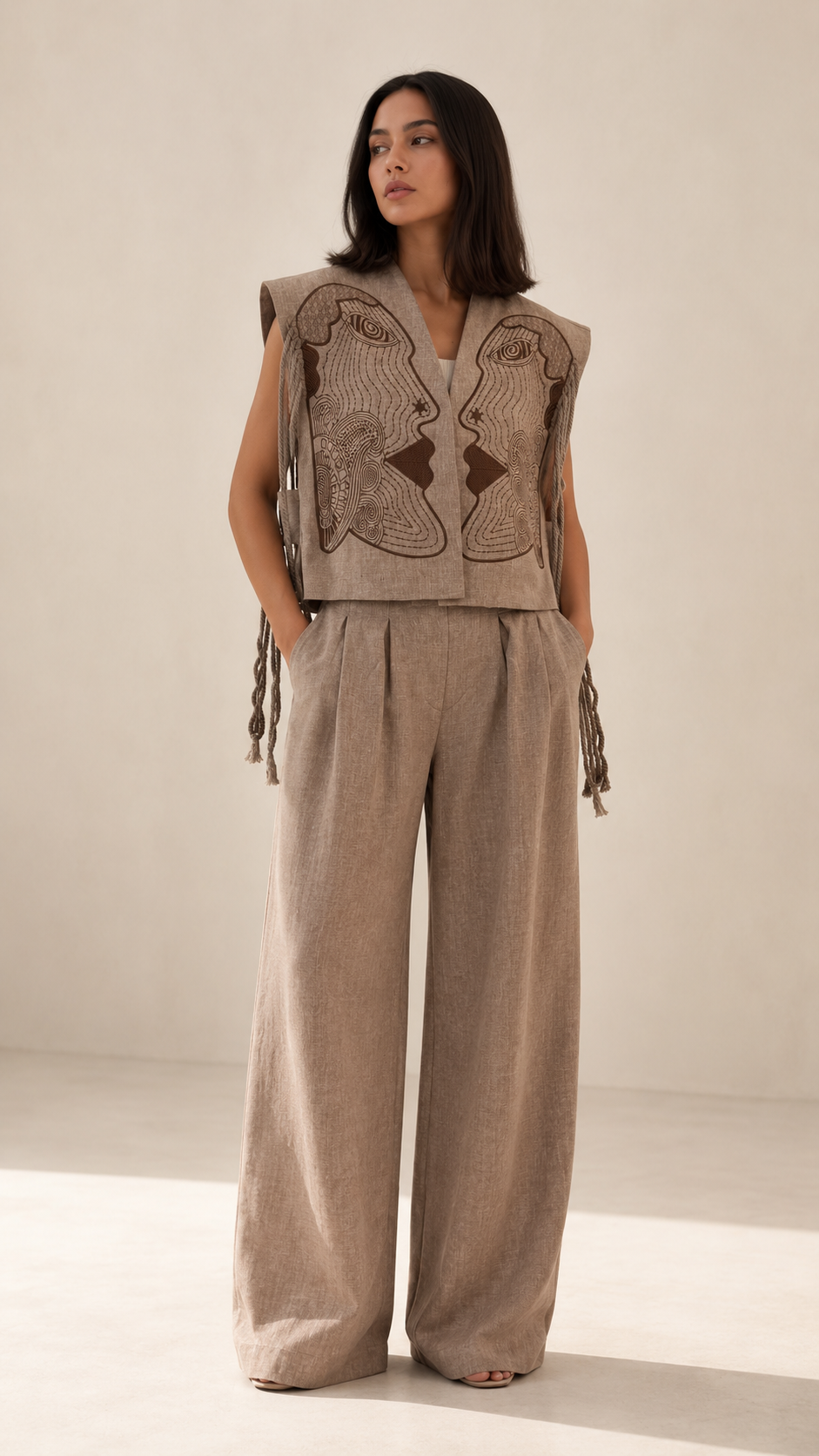 Embroidered Linen-Blend Vest & Wide-Leg Pants Set