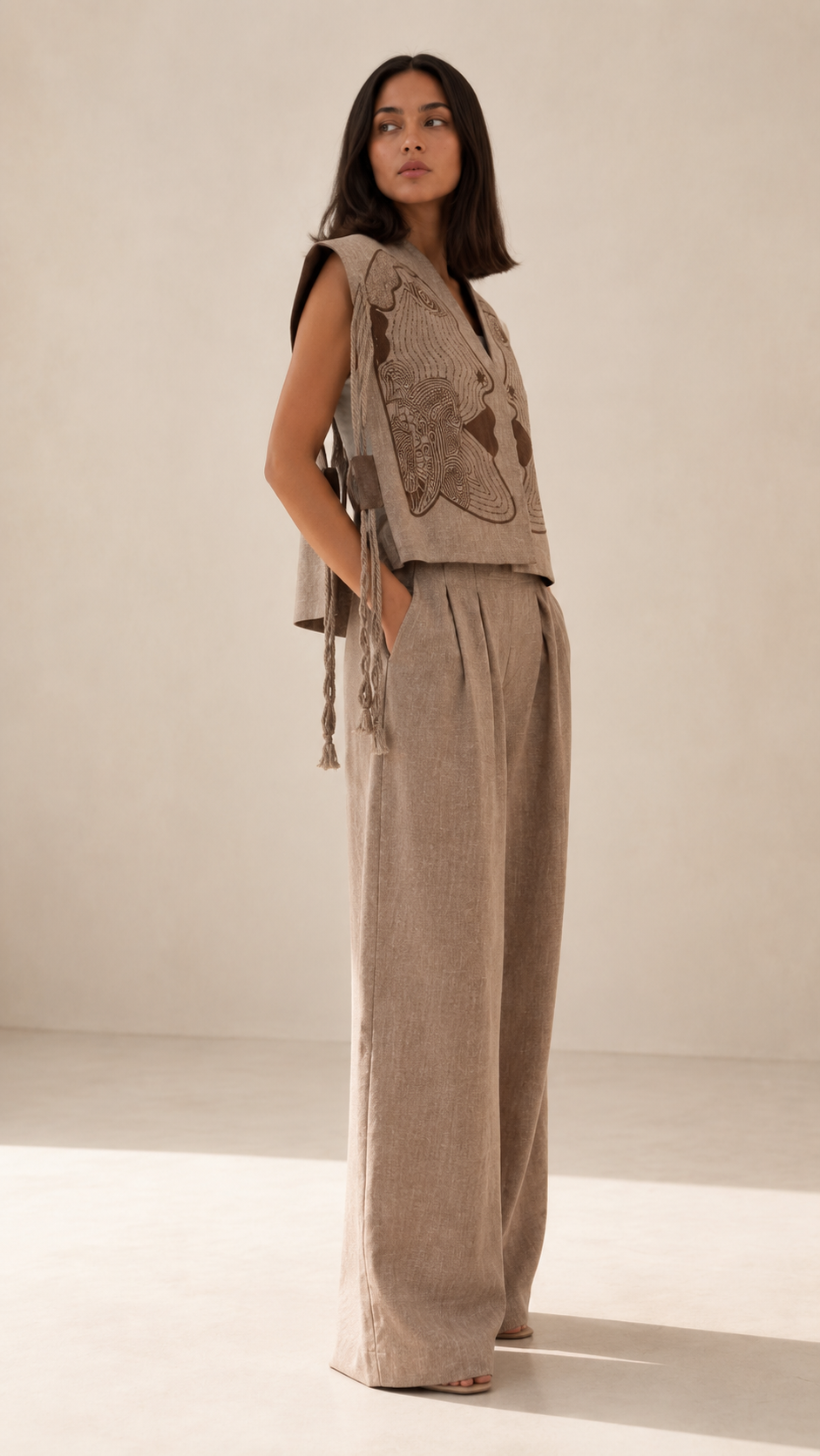 Embroidered Linen-Blend Vest & Wide-Leg Pants Set