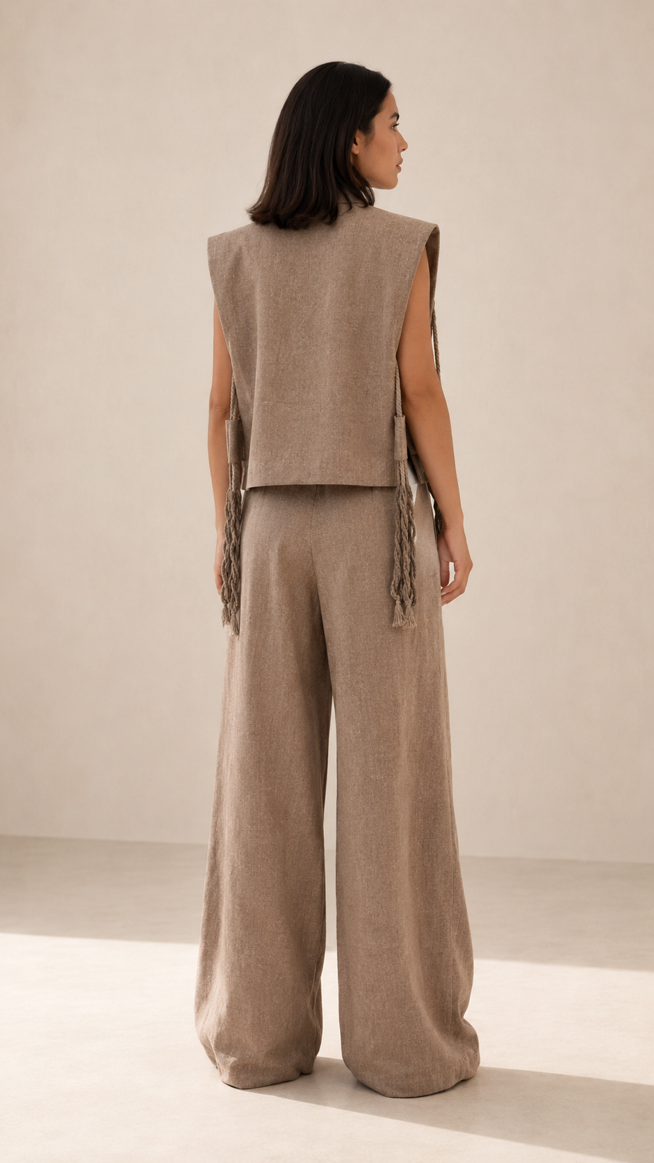 Embroidered Linen-Blend Vest & Wide-Leg Pants Set