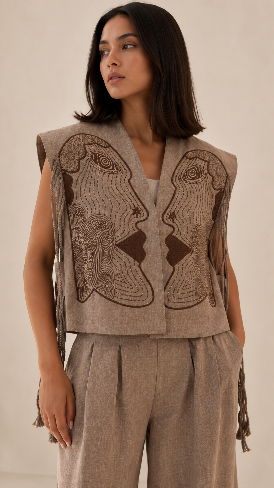 Embroidered Linen-Blend Vest & Wide-Leg Pants Set