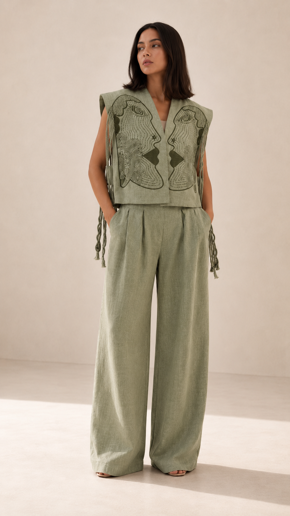 Embroidered Linen-Blend Vest & Wide-Leg Pants Set