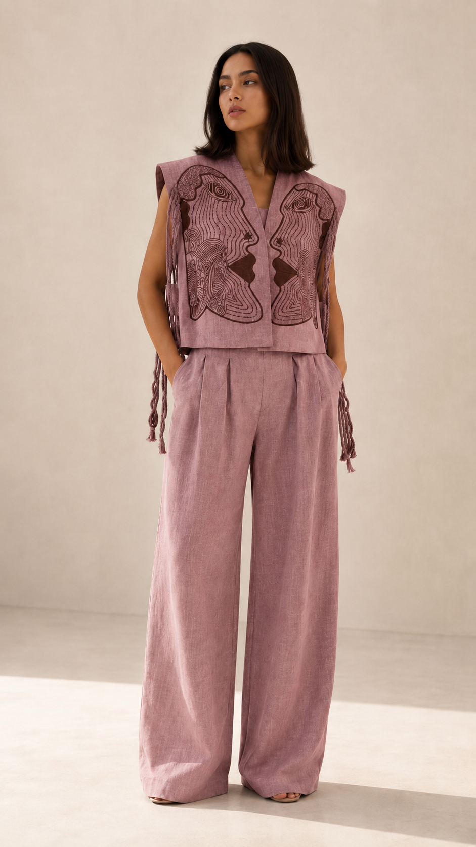 Embroidered Linen-Blend Vest & Wide-Leg Pants Set