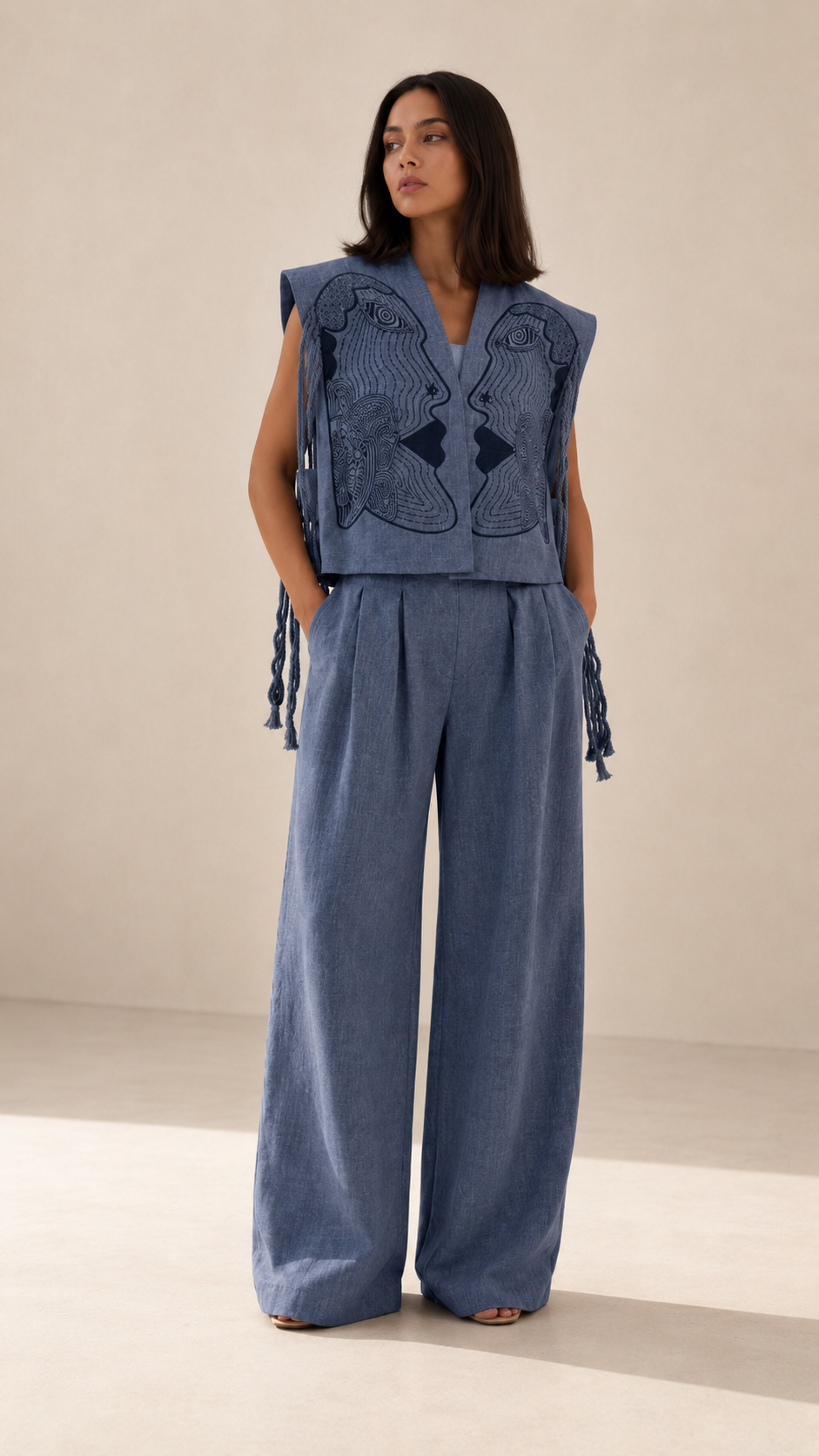 Embroidered Linen-Blend Vest & Wide-Leg Pants Set