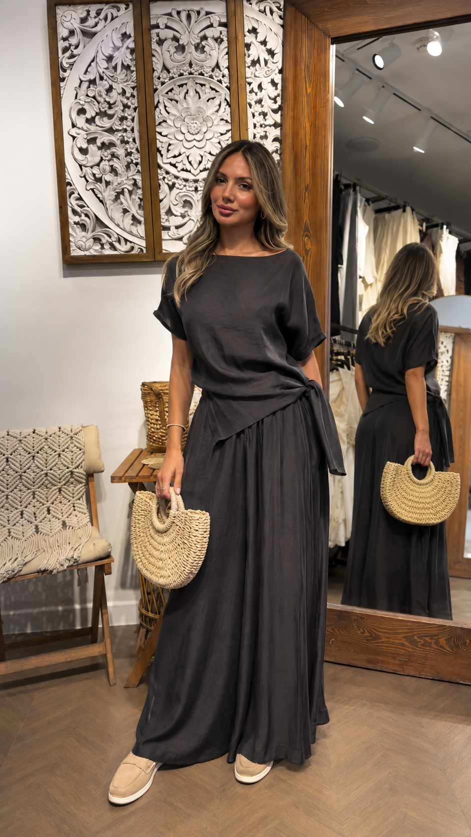 Side-Tie Top & Flowy Wide-Leg Pants Set