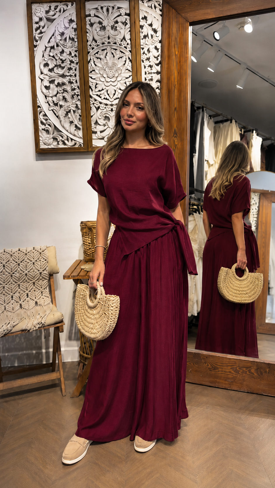 Side-Tie Top & Flowy Wide-Leg Pants Set