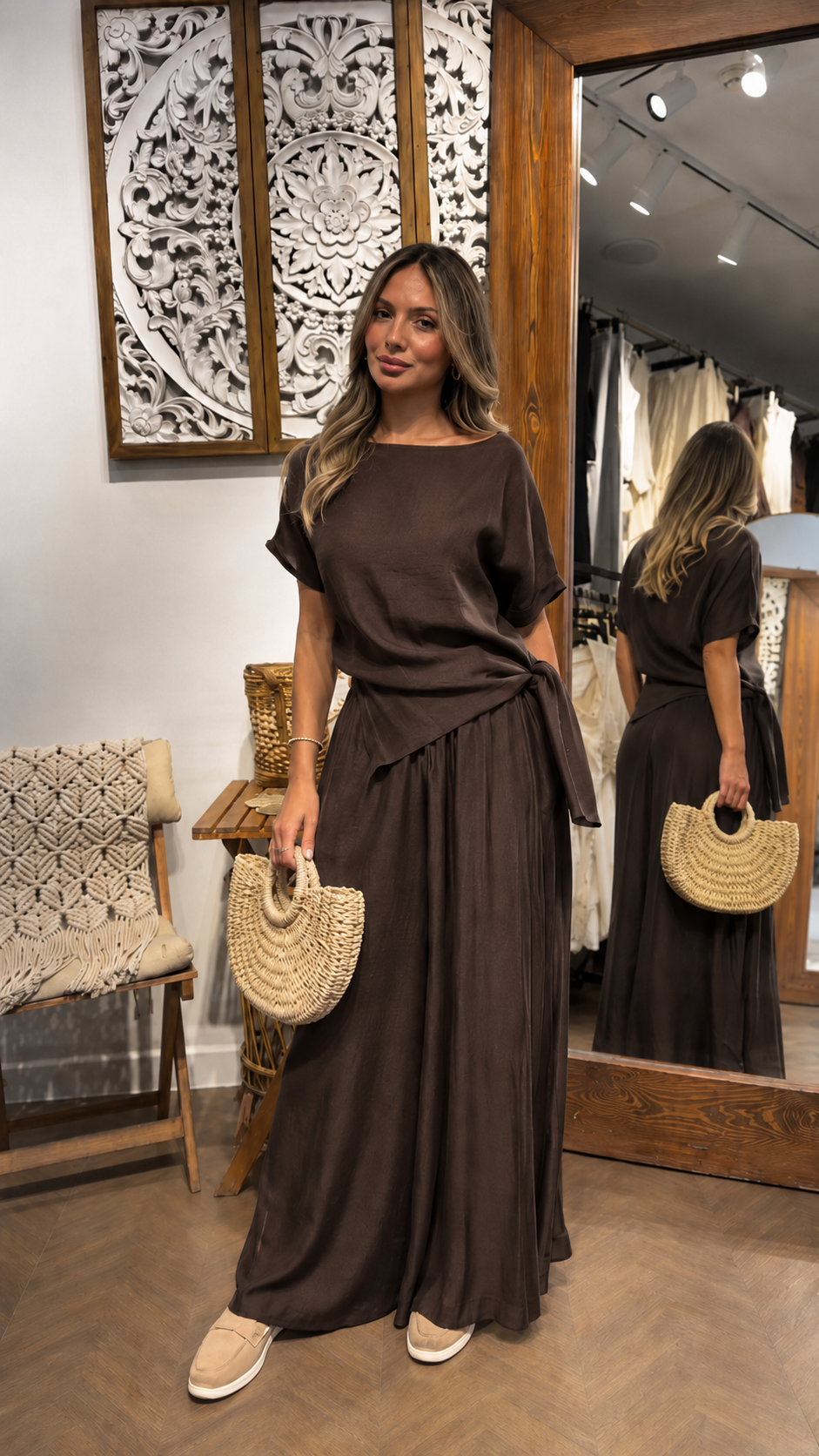 Side-Tie Top & Flowy Wide-Leg Pants Set