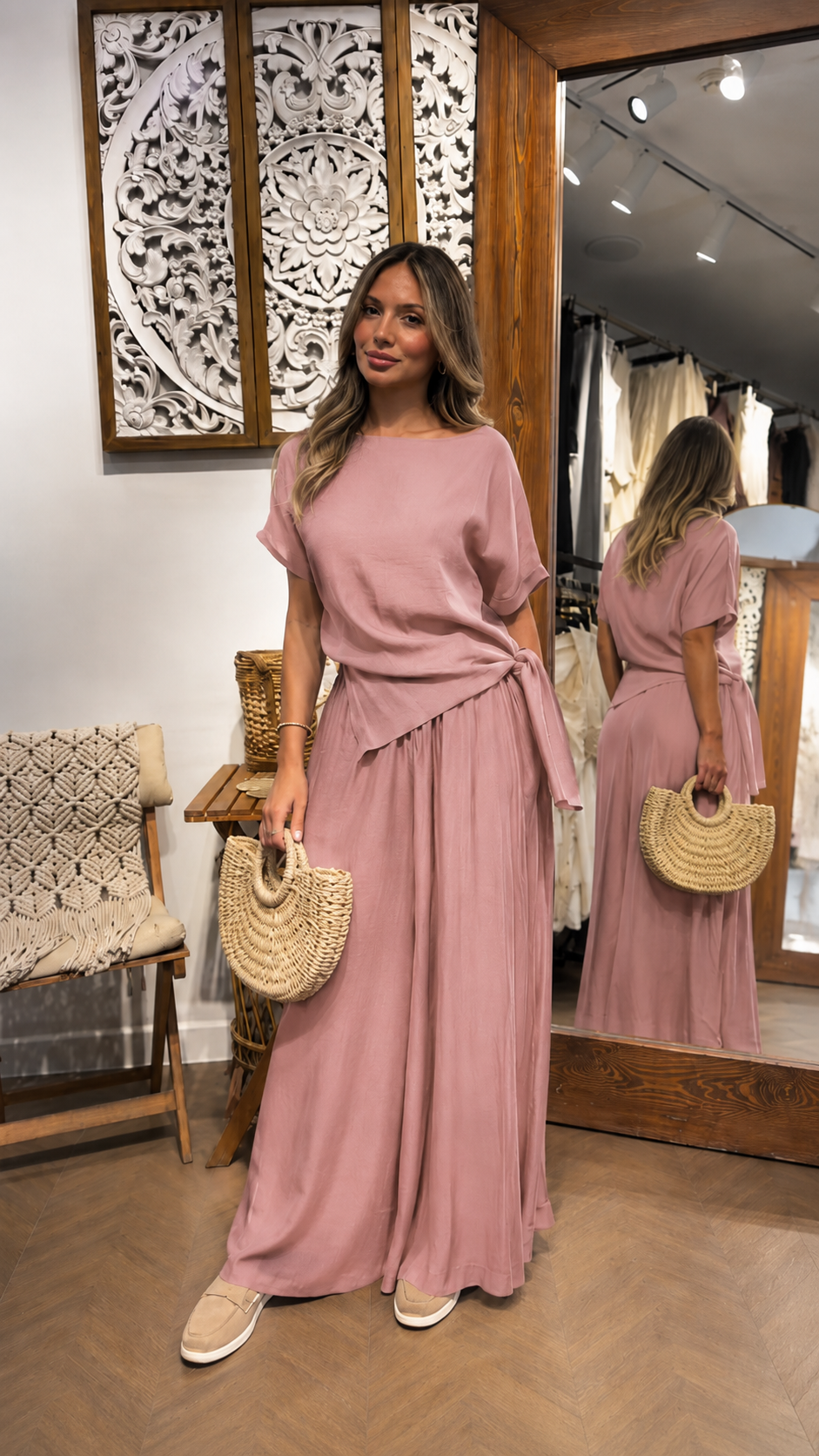 Side-Tie Top & Flowy Wide-Leg Pants Set