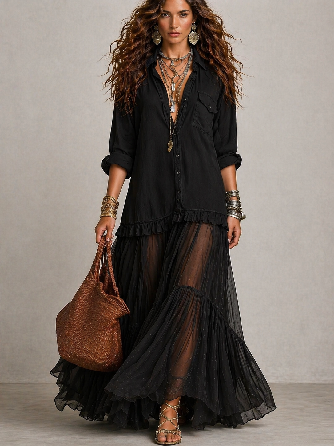 Boho Shirt Maxi Dress with Sheer Ruffle Skirt