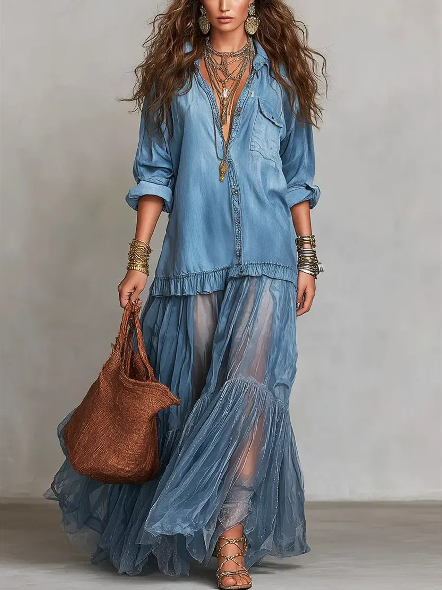 Boho Shirt Maxi Dress with Sheer Ruffle Skirt