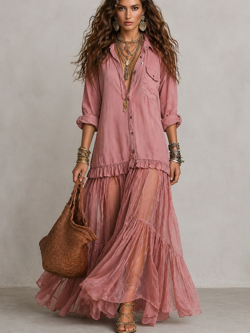 Boho Shirt Maxi Dress with Sheer Ruffle Skirt