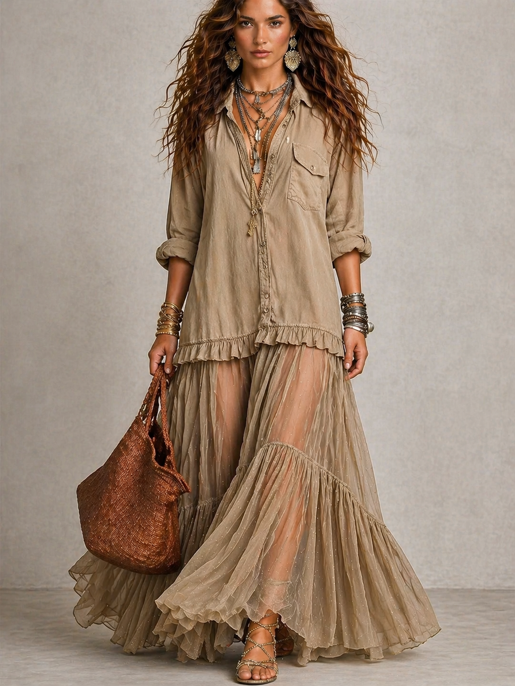 Boho Shirt Maxi Dress with Sheer Ruffle Skirt